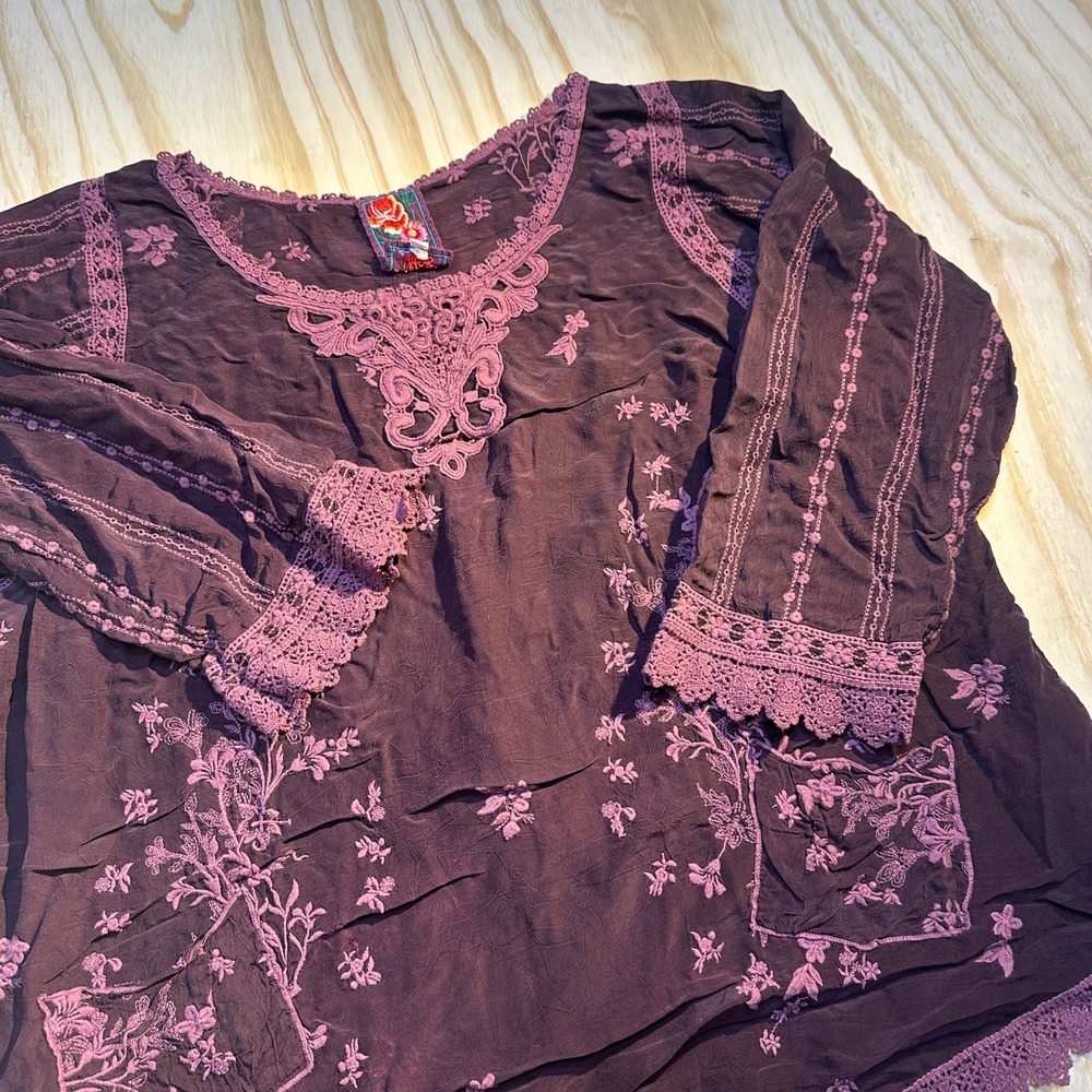 Johnny Was XL Womens Purple Boho Embroidered Crochet Lace Trim Blouse Top